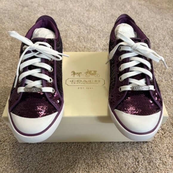 NWT Coach Women Barrett Sequins Metallic Grape Leather Sneakers. Sz. 9  Rare - Picture 1 of 6